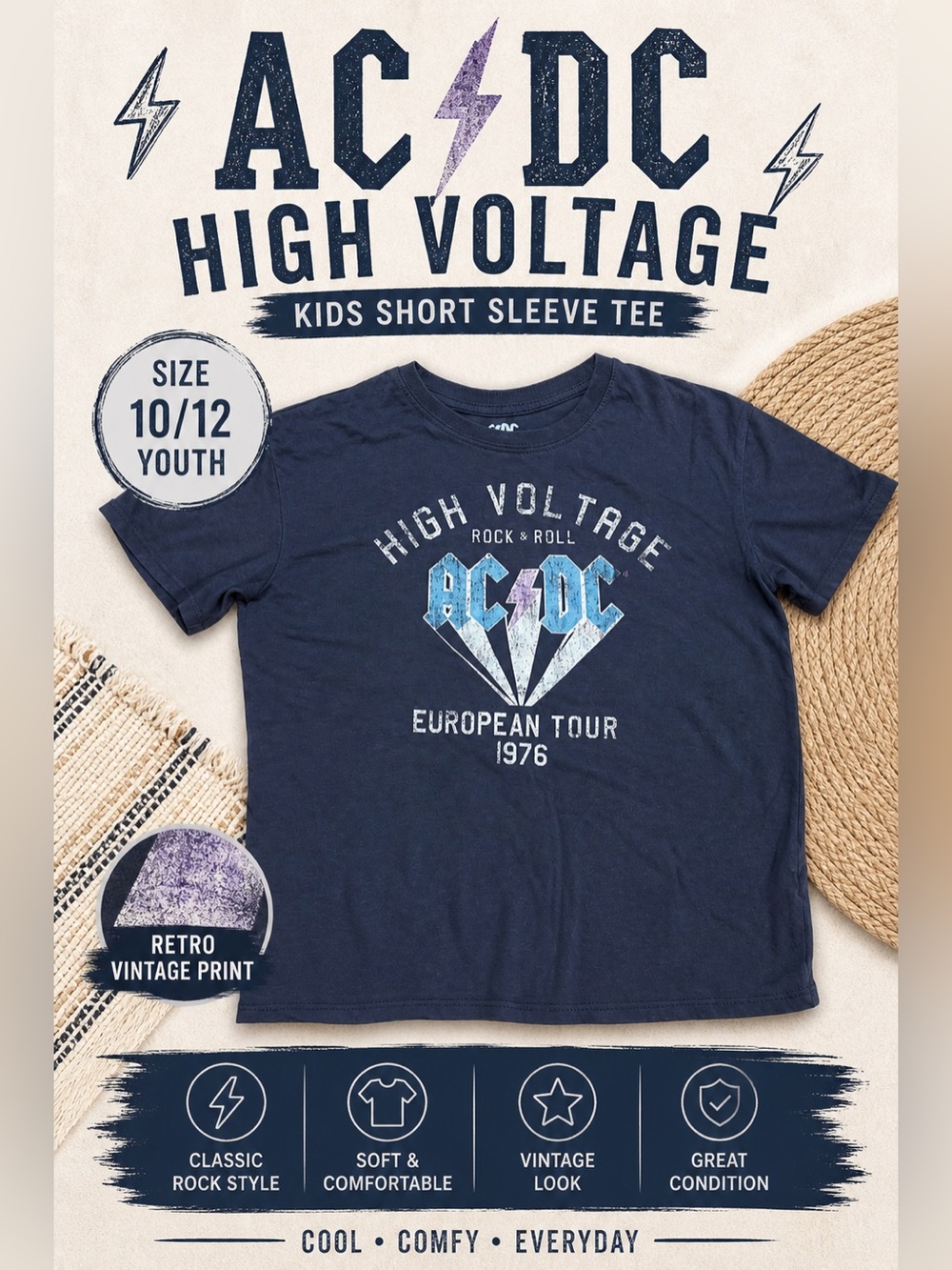 AC DC High Voltage Kids Tee 10/12 Navy Graphic Band Shirt Retro